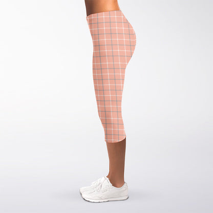 Pastel Orange Tattersall Pattern Print Women's Capri Leggings