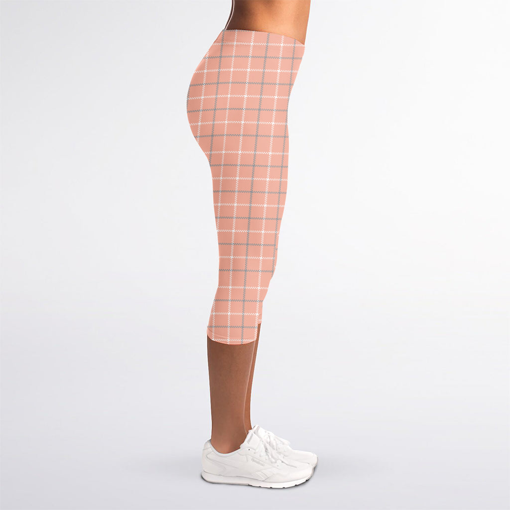 Pastel Orange Tattersall Pattern Print Women's Capri Leggings
