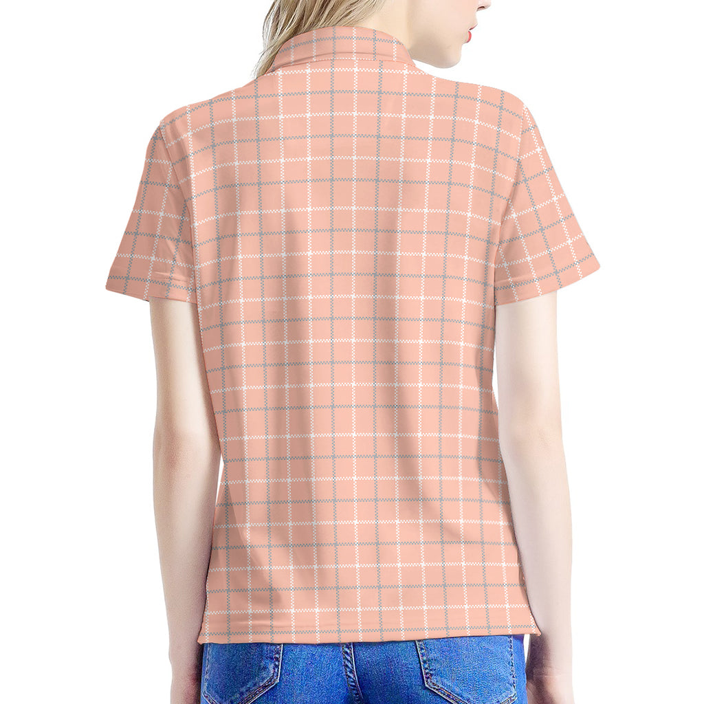 Pastel Orange Tattersall Pattern Print Women's Polo Shirt