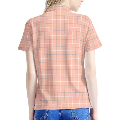 Pastel Orange Tattersall Pattern Print Women's Polo Shirt