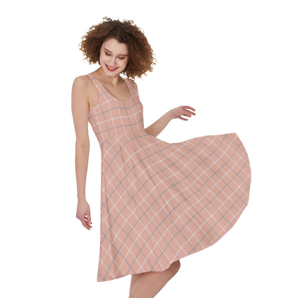 Pastel Orange Tattersall Pattern Print Women's Sleeveless Dress