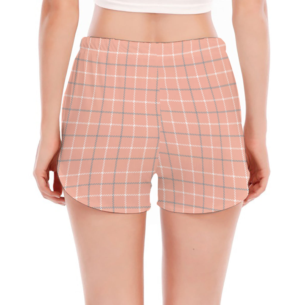 Pastel Orange Tattersall Pattern Print Women's Split Running Shorts