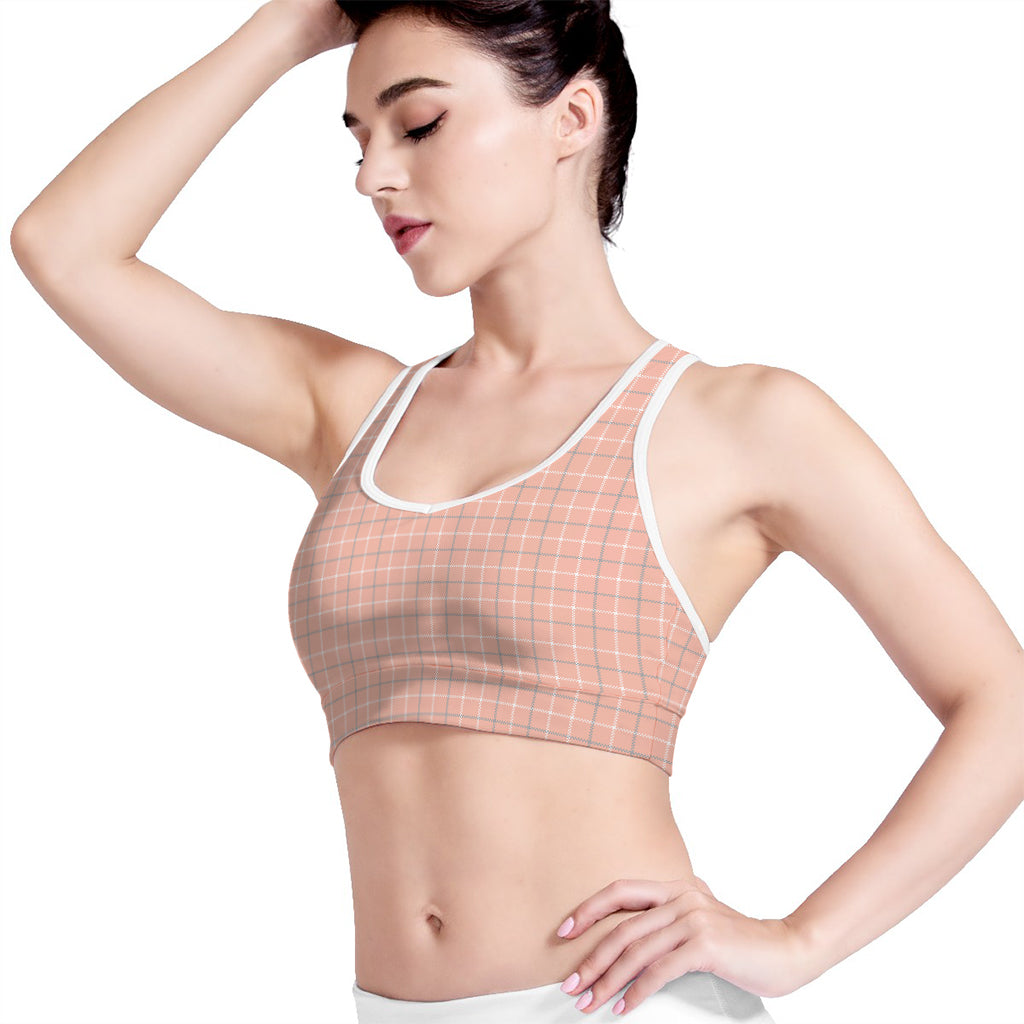 Pastel Orange Tattersall Pattern Print Women's Sports Bra