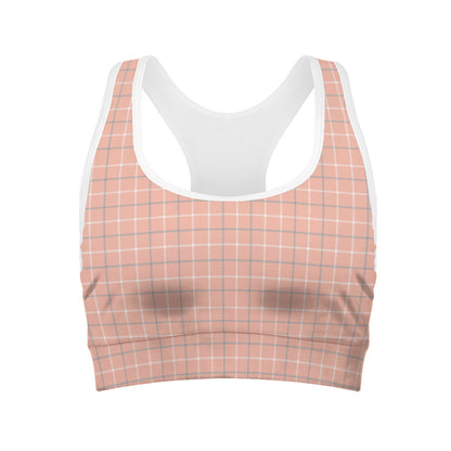 Pastel Orange Tattersall Pattern Print Women's Sports Bra