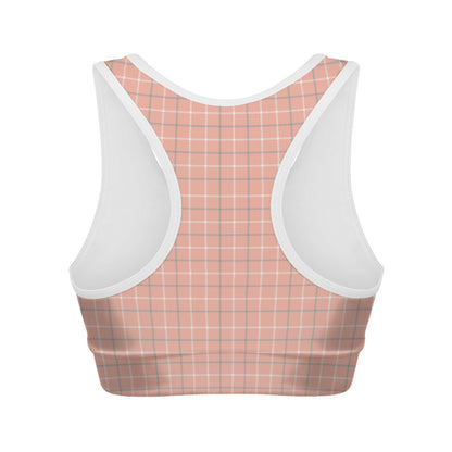 Pastel Orange Tattersall Pattern Print Women's Sports Bra