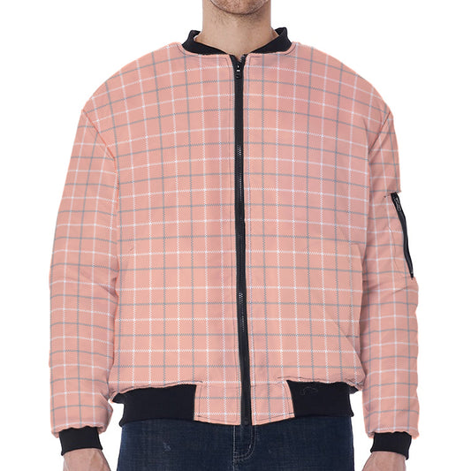 Pastel Orange Tattersall Pattern Print Zip Sleeve Bomber Jacket
