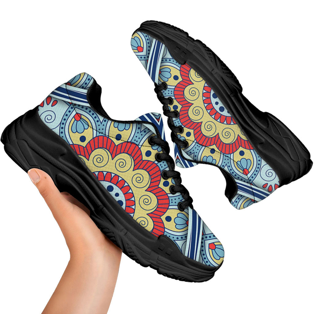 Pastel Ornament Mandala Print Black Chunky Shoes
