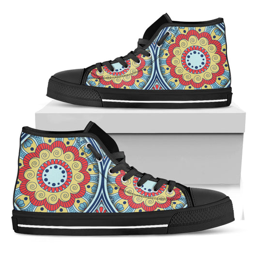 Pastel Ornament Mandala Print Black High Top Sneakers