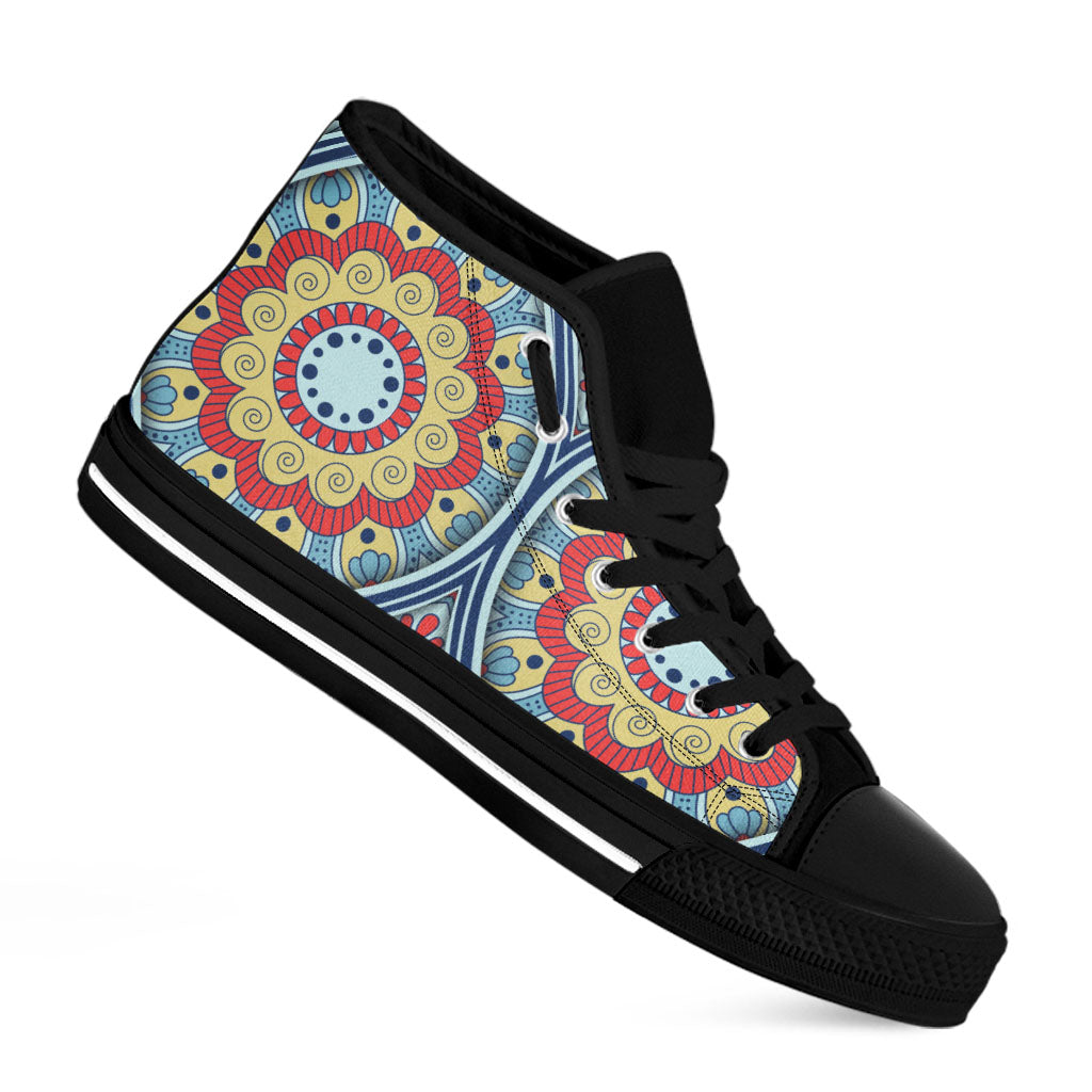 Pastel Ornament Mandala Print Black High Top Sneakers