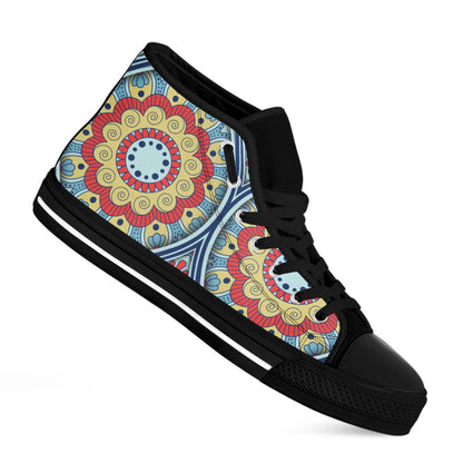 Pastel Ornament Mandala Print Black High Top Sneakers