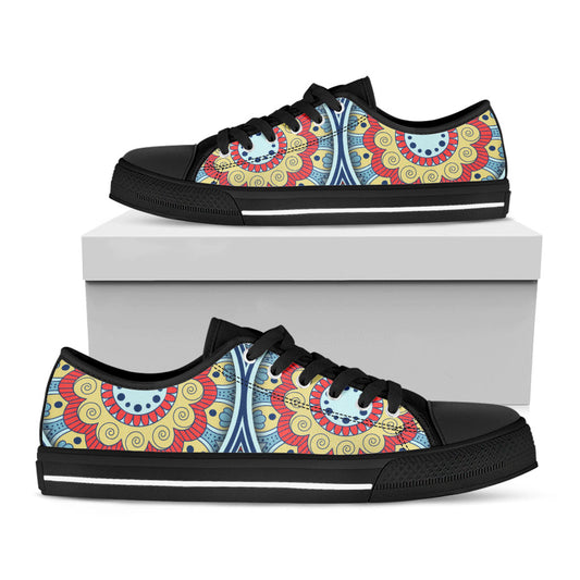Pastel Ornament Mandala Print Black Low Top Sneakers