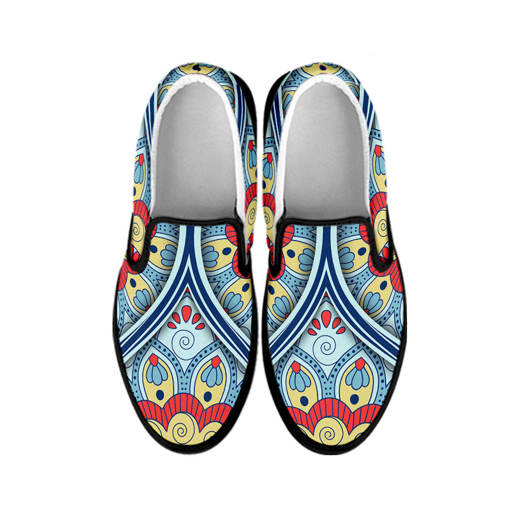 Pastel Ornament Mandala Print Black Slip On Sneakers