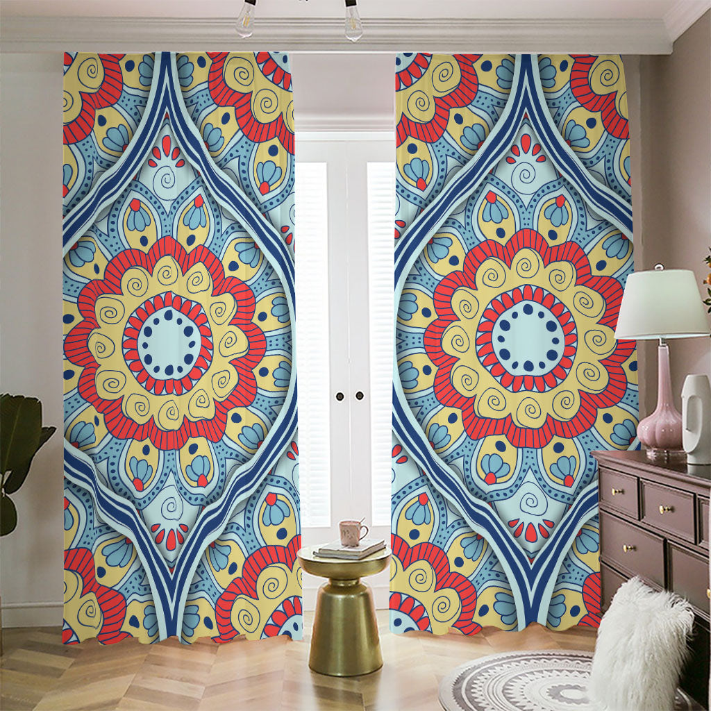 Pastel Ornament Mandala Print Blackout Pencil Pleat Curtains