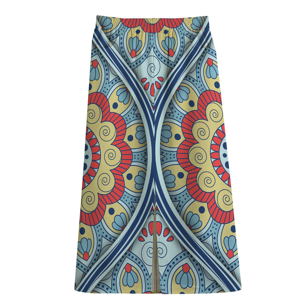 Pastel Ornament Mandala Print Cotton Front Slit Maxi Skirt
