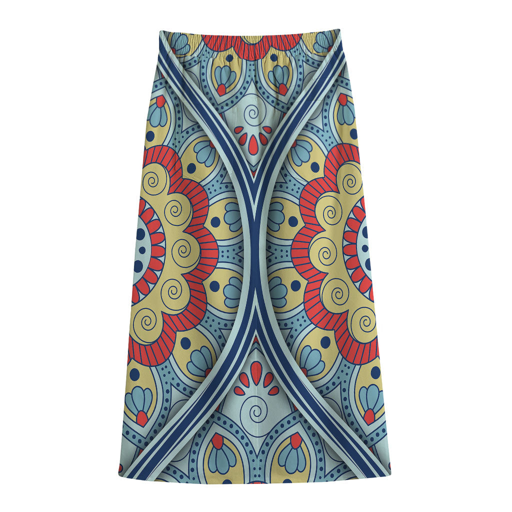 Pastel Ornament Mandala Print Cotton Front Slit Maxi Skirt