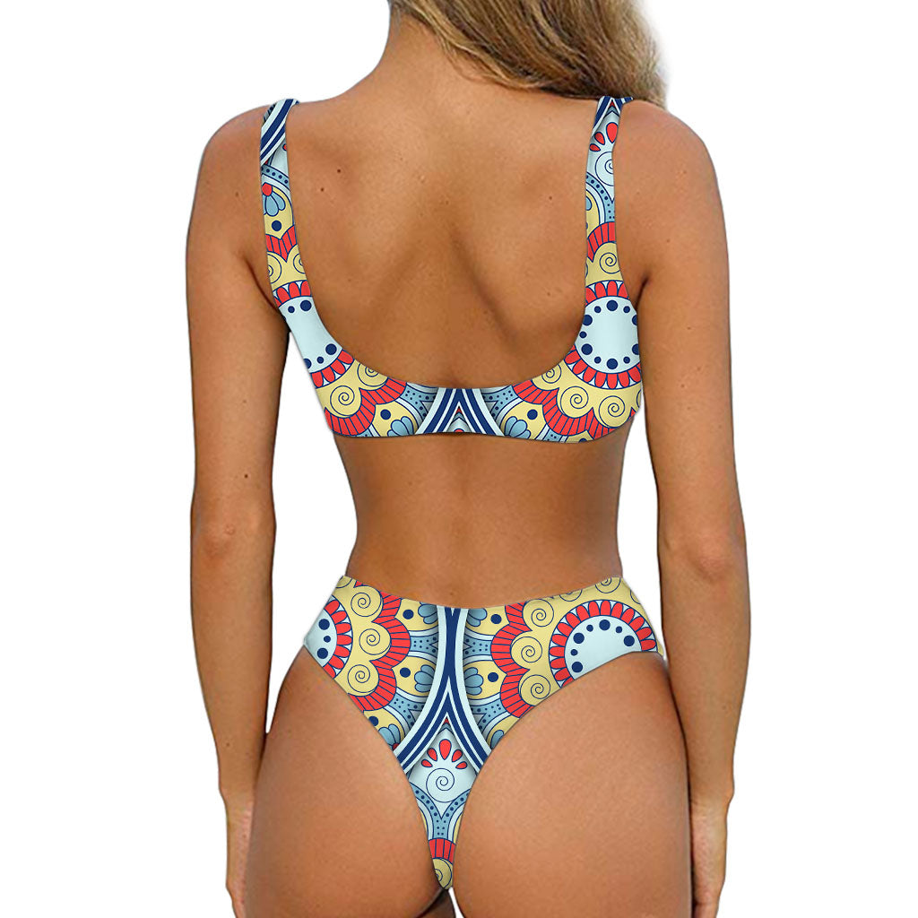Pastel Ornament Mandala Print Front Bow Tie Bikini