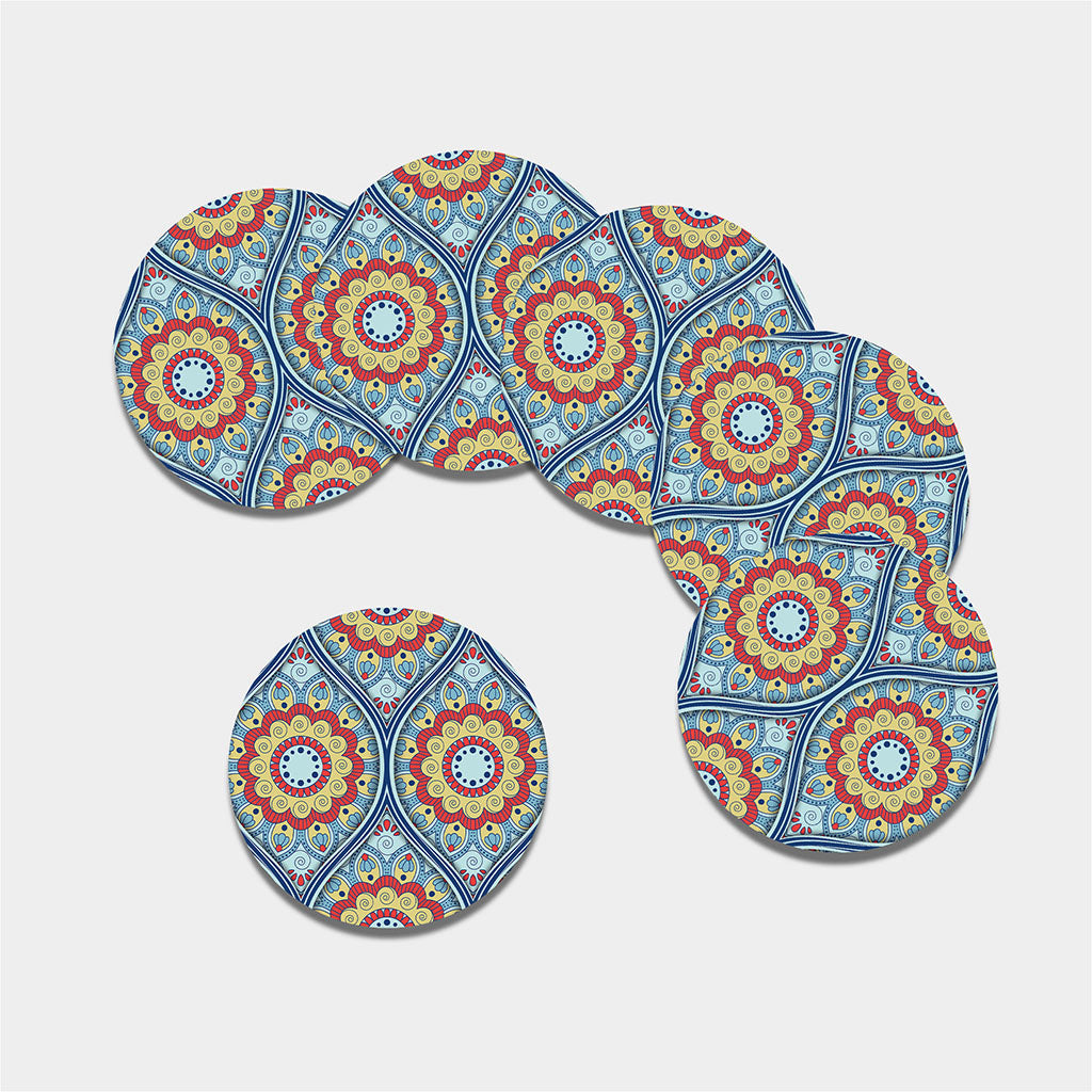 Pastel Ornament Mandala Print Leather Coaster Set