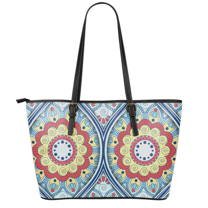 Pastel Ornament Mandala Print Leather Tote Bag
