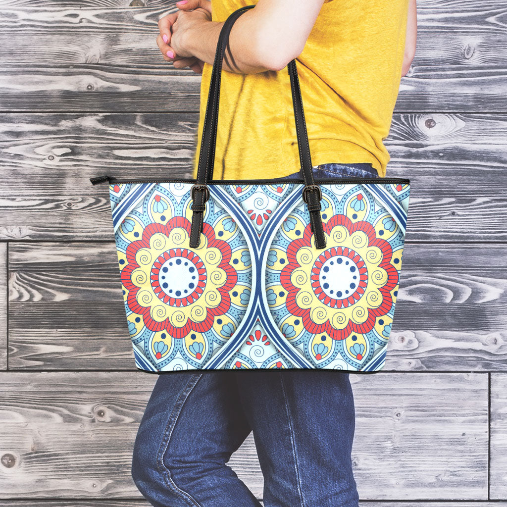 Pastel Ornament Mandala Print Leather Tote Bag
