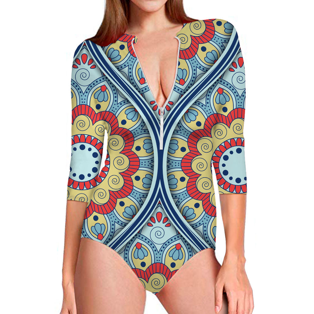 Pastel Ornament Mandala Print Long Sleeve Swimsuit