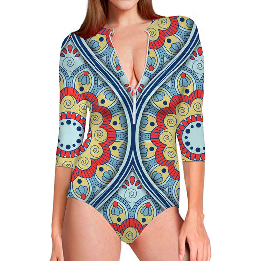 Pastel Ornament Mandala Print Long Sleeve Swimsuit