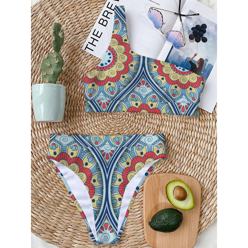 Pastel Ornament Mandala Print One Shoulder Bikini Top