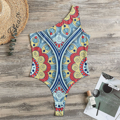 Pastel Ornament Mandala Print One Shoulder Bodysuit