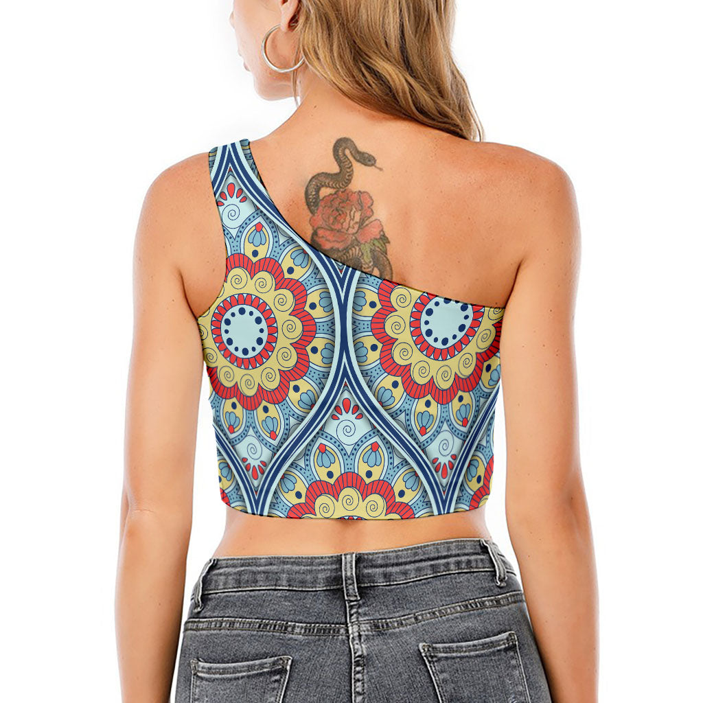 Pastel Ornament Mandala Print One Shoulder Crop Top