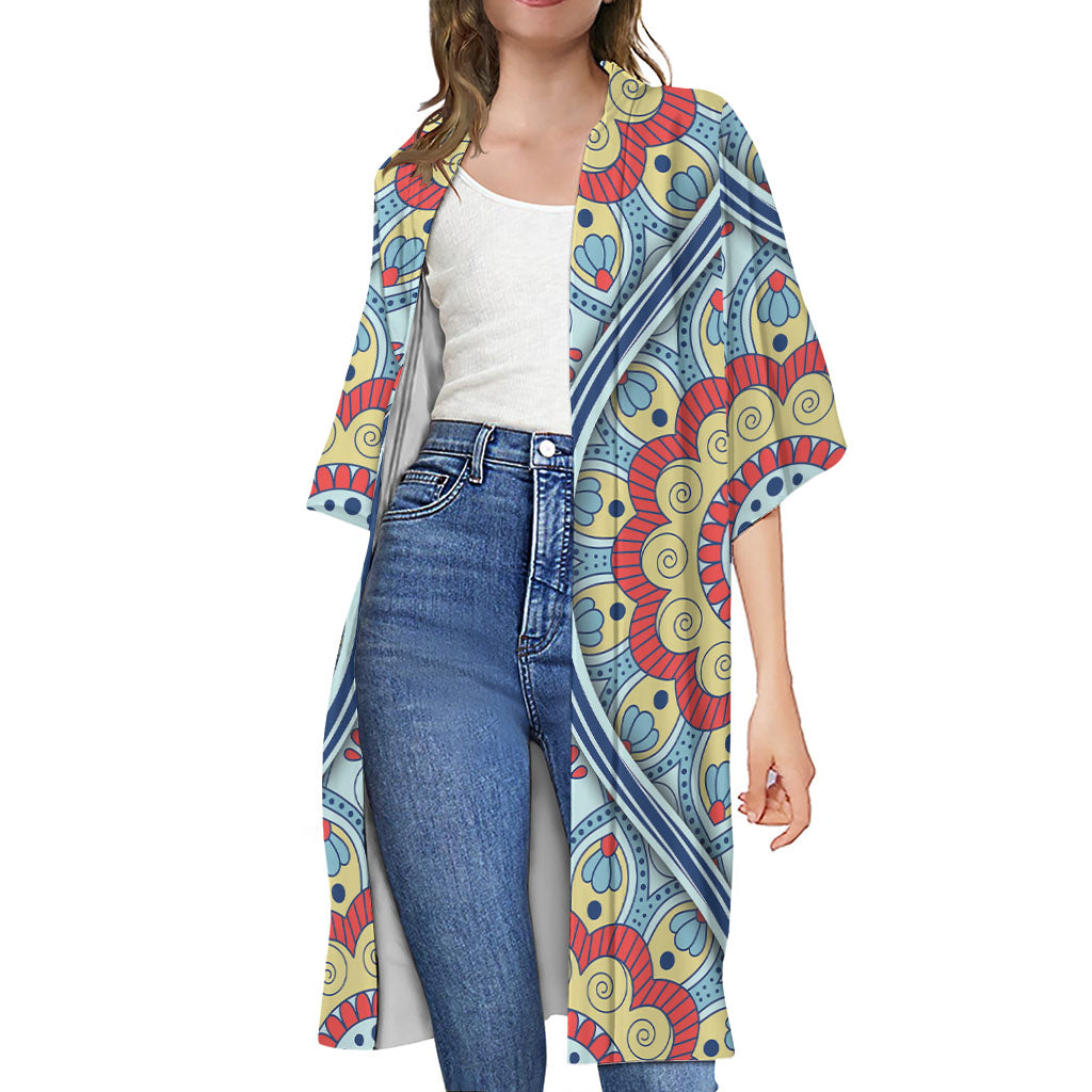 Pastel Ornament Mandala Print Open Front Beach Cover Up
