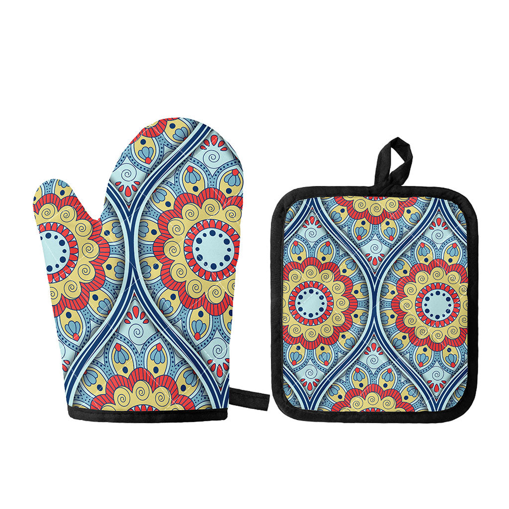 Pastel Ornament Mandala Print Oven Mitt And Pot Holder Set