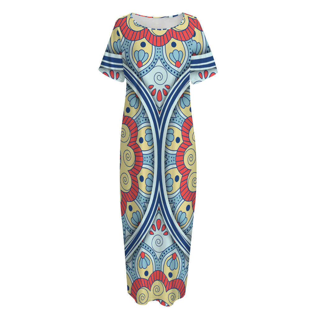 Pastel Ornament Mandala Print Short Sleeve Long Nightdress