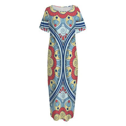 Pastel Ornament Mandala Print Short Sleeve Long Nightdress