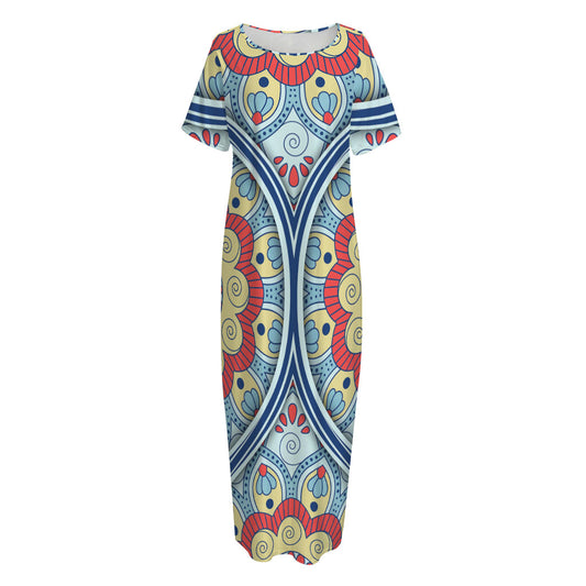Pastel Ornament Mandala Print Short Sleeve Long Nightdress