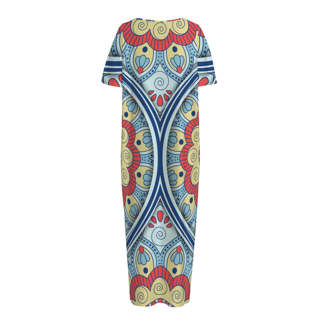 Pastel Ornament Mandala Print Short Sleeve Long Nightdress