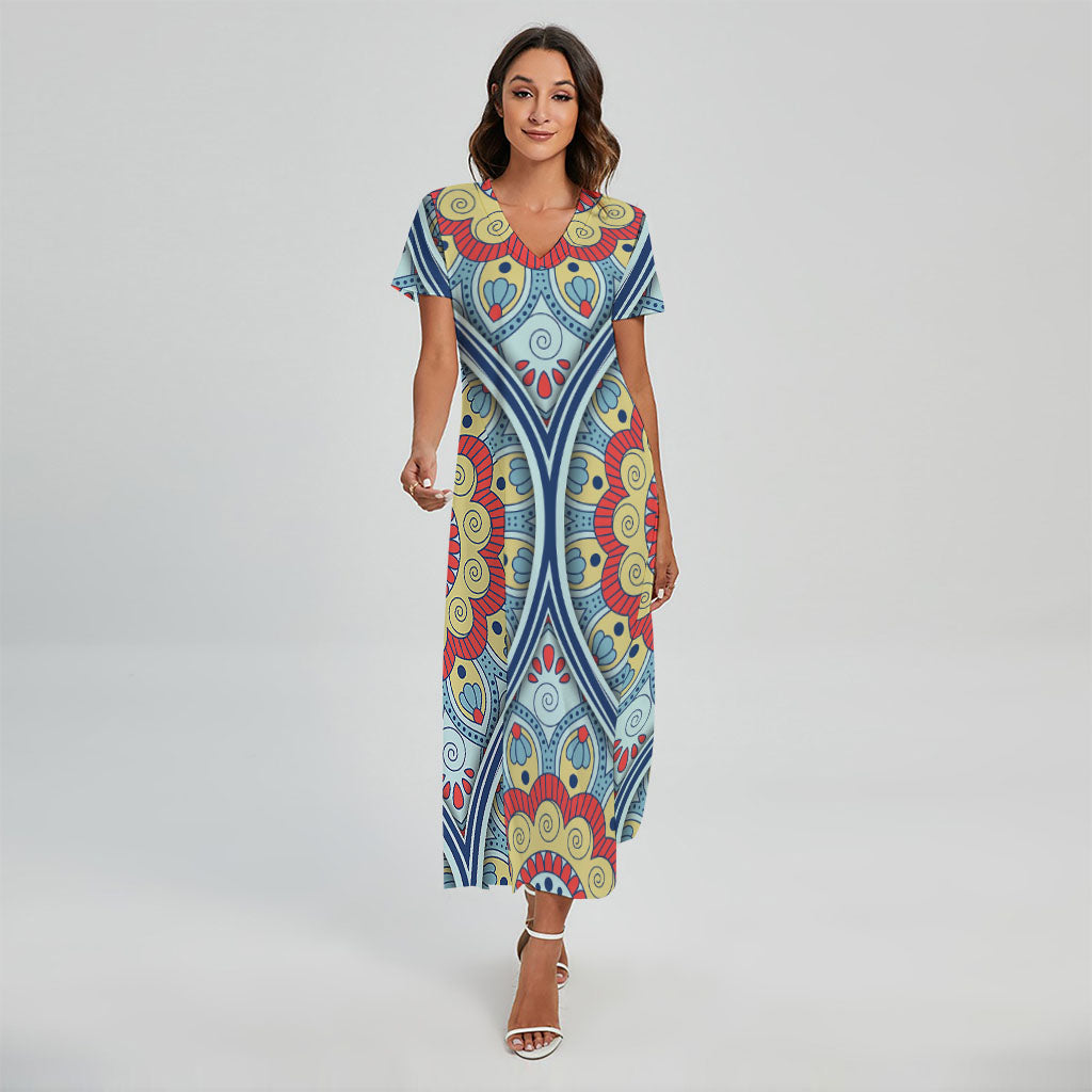 Pastel Ornament Mandala Print Short Sleeve Maxi Dress
