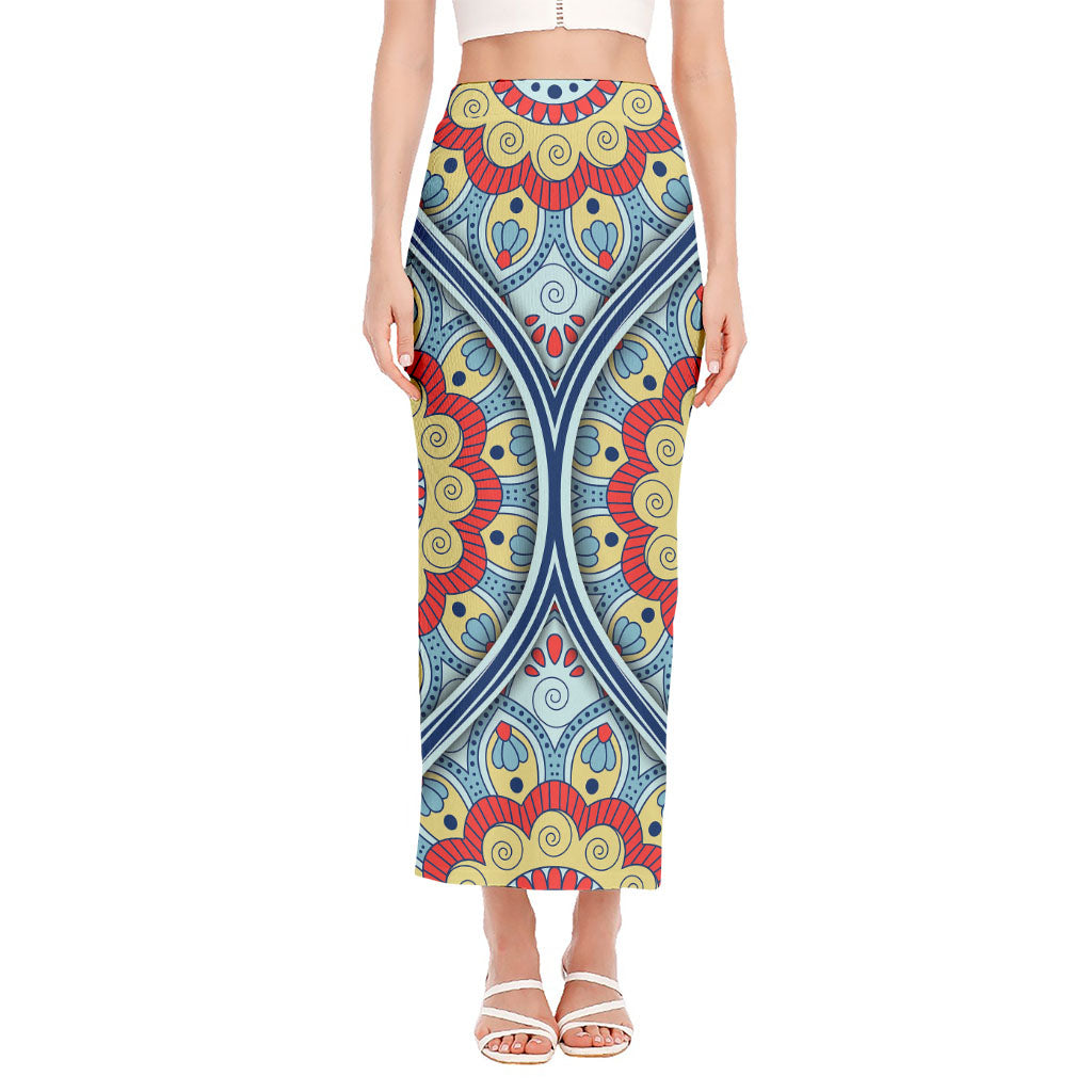 Pastel Ornament Mandala Print Side Slit Maxi Skirt