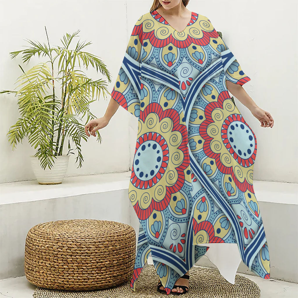 Pastel Ornament Mandala Print Silk V-Neck Kaftan Dress