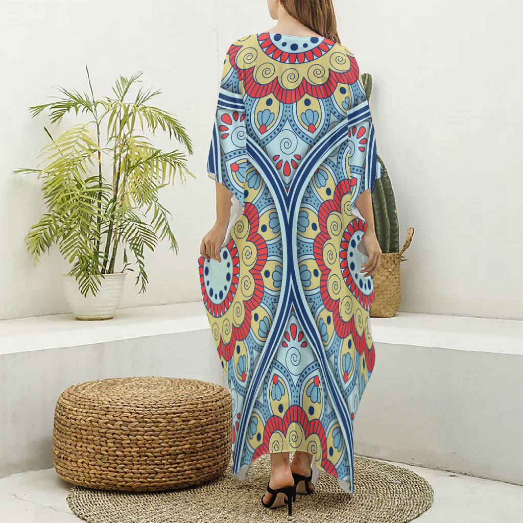 Pastel Ornament Mandala Print Silk V-Neck Kaftan Dress