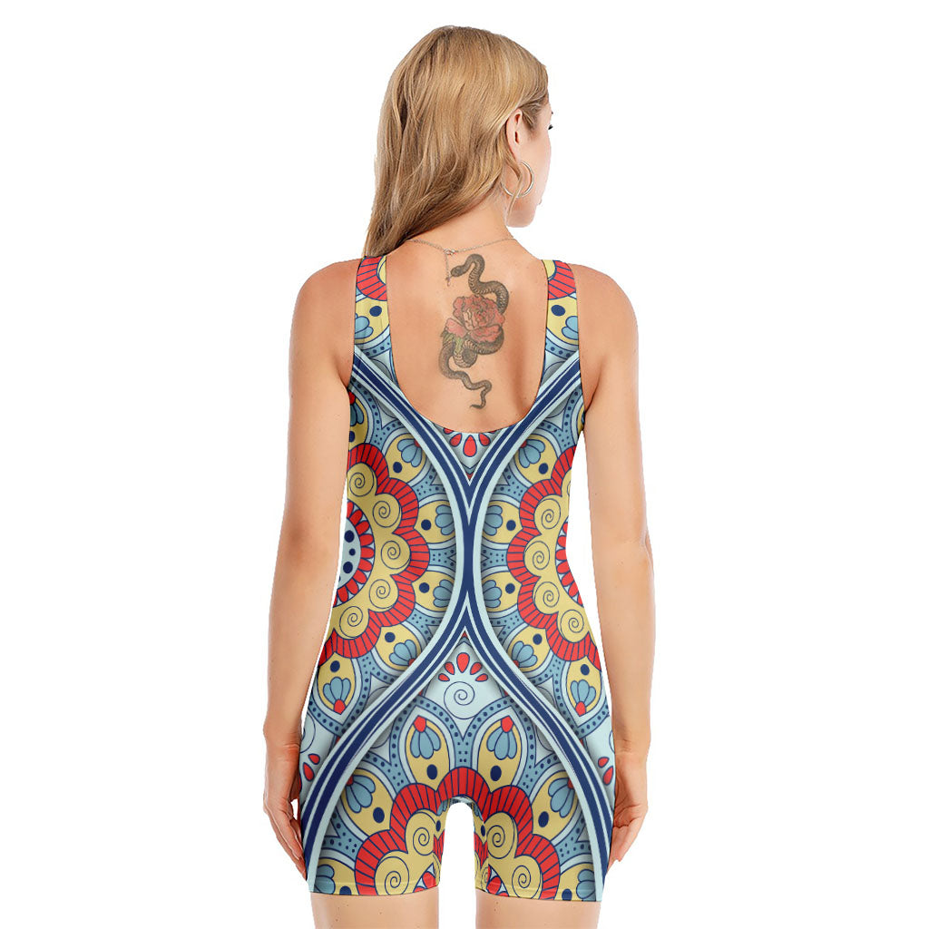 Pastel Ornament Mandala Print Sleeveless One Piece Swimsuit