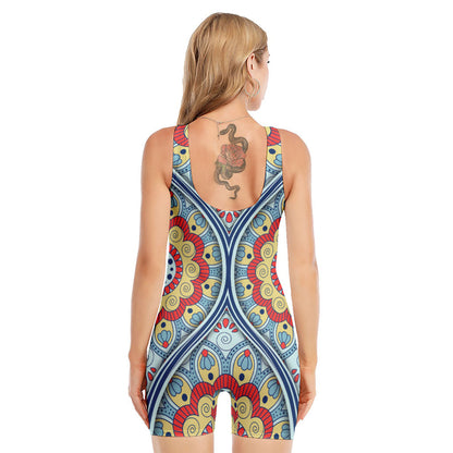 Pastel Ornament Mandala Print Sleeveless One Piece Swimsuit