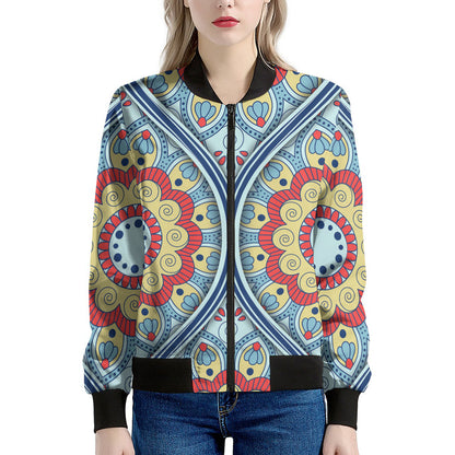 Pastel Ornament Mandala Print Women's Bomber Jacket