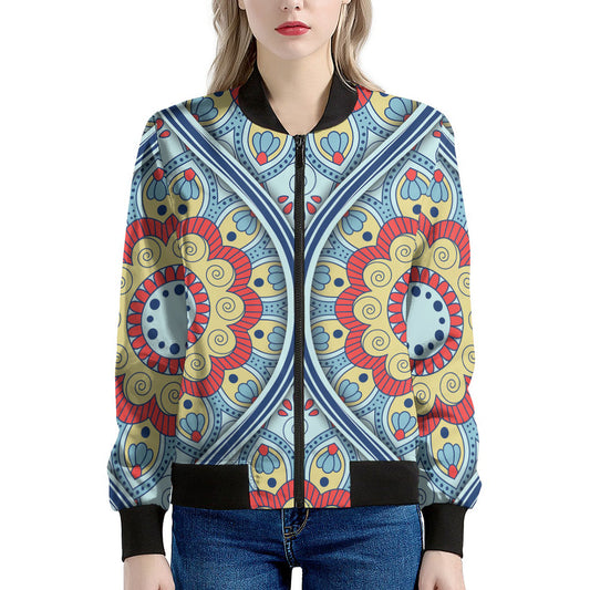 Pastel Ornament Mandala Print Women's Bomber Jacket