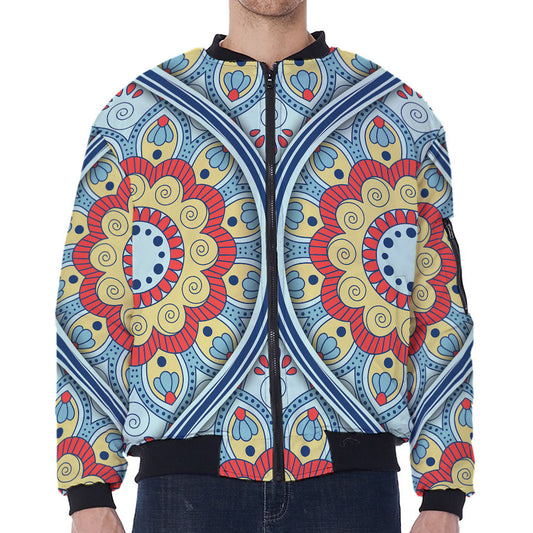 Pastel Ornament Mandala Print Zip Sleeve Bomber Jacket
