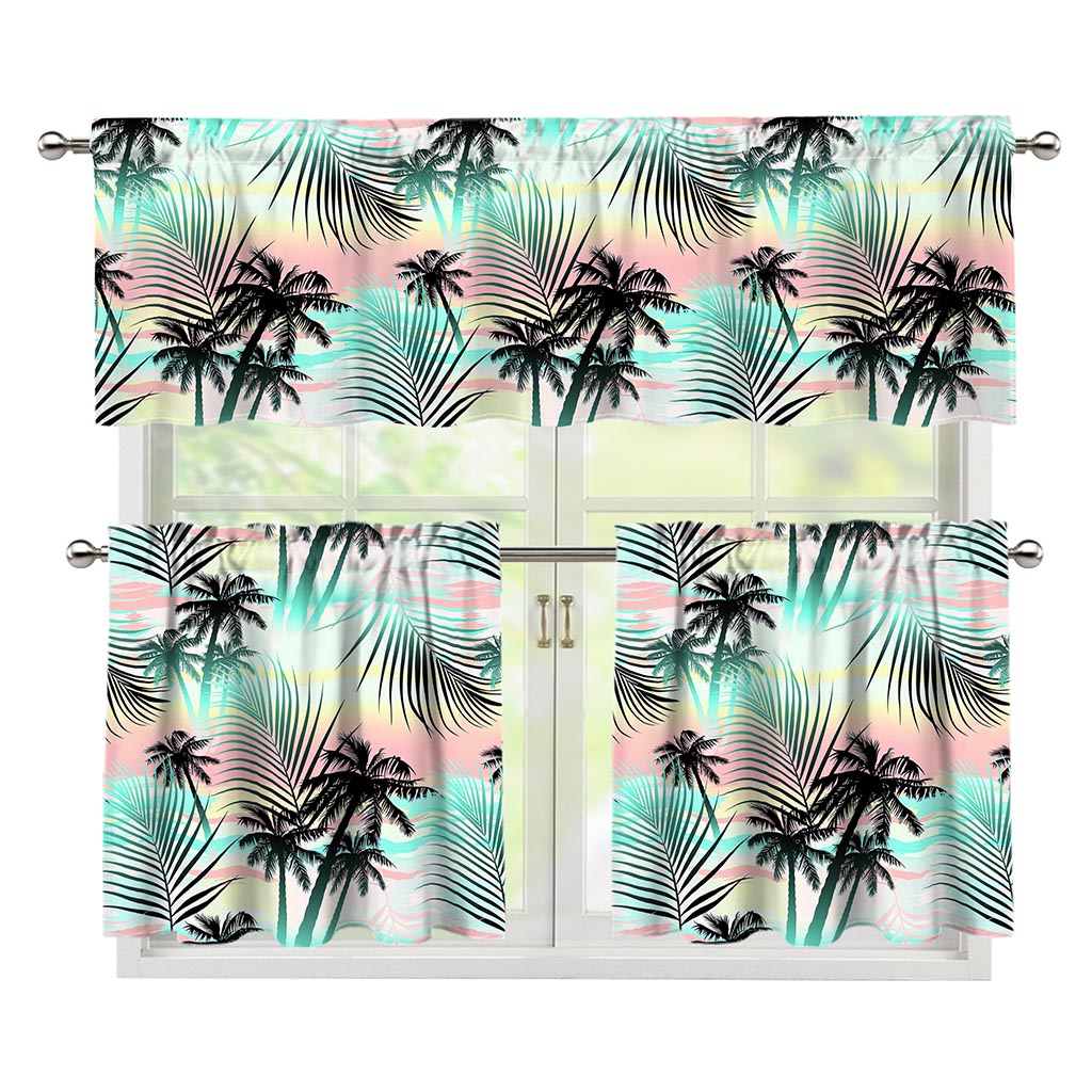 Pastel Palm Tree Pattern Print 3 Piece Kitchen Curtains