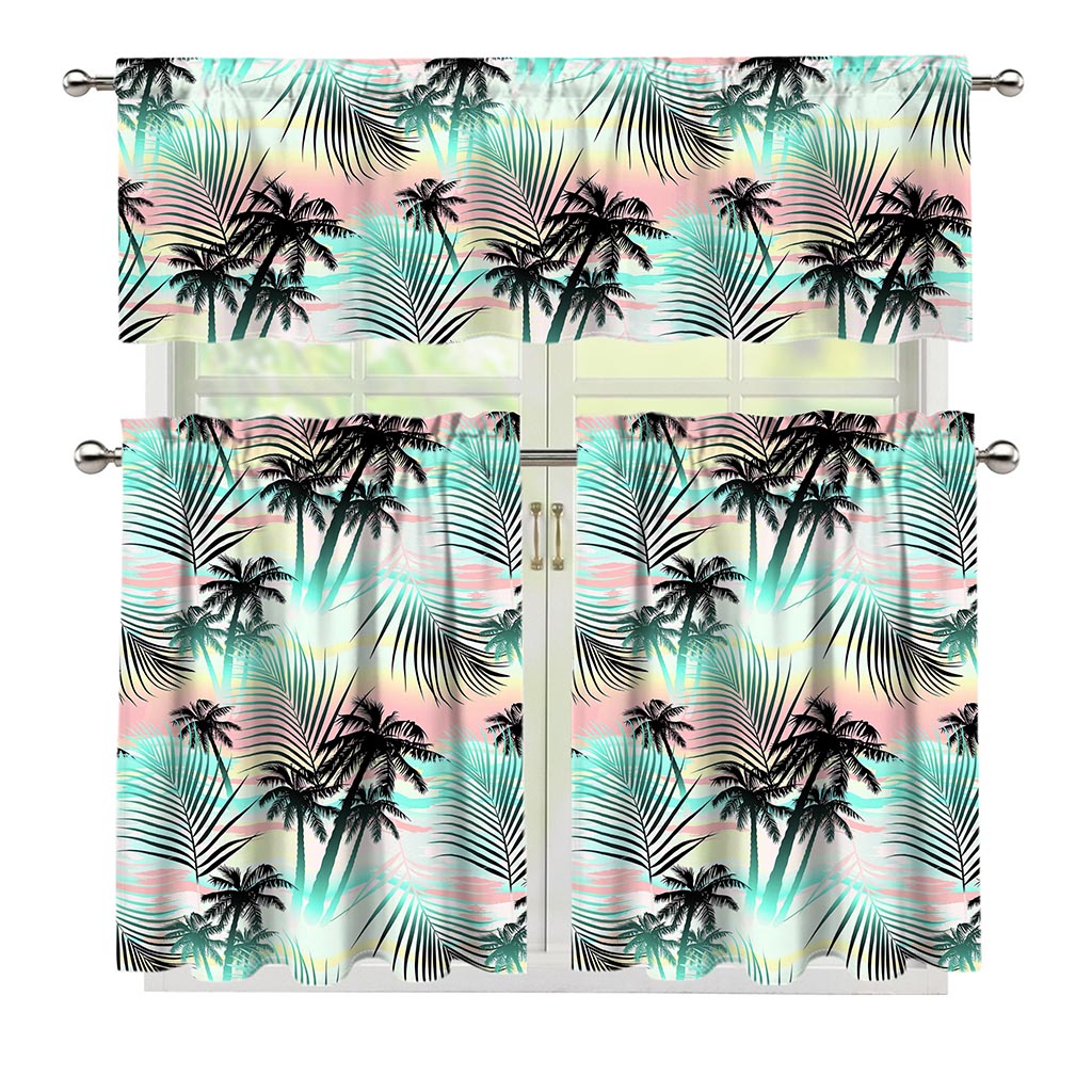 Pastel Palm Tree Pattern Print 3 Piece Kitchen Curtains