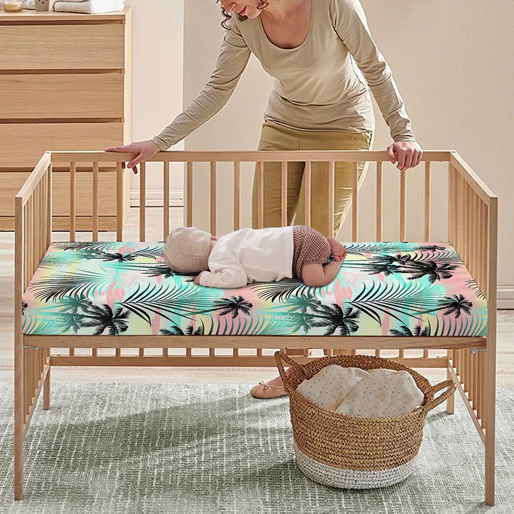 Pastel Palm Tree Pattern Print Baby Crib Sheet