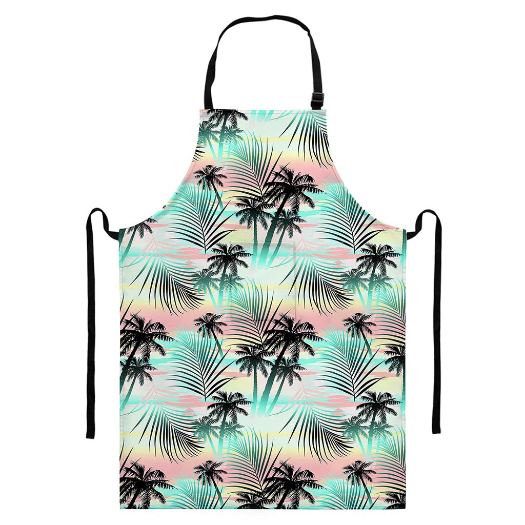 Pastel Palm Tree Pattern Print Bib Apron With Pocket