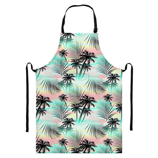 Pastel Palm Tree Pattern Print Bib Apron With Pocket