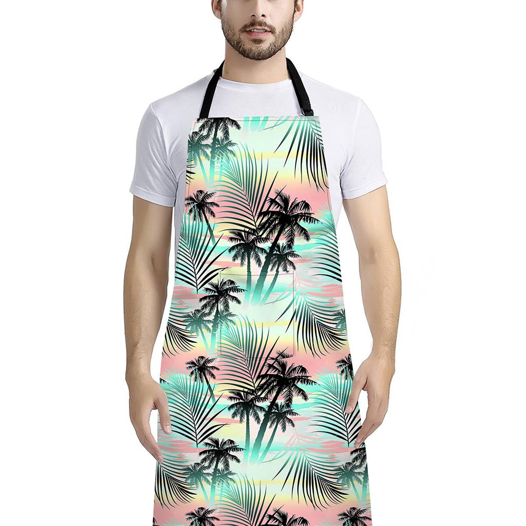 Pastel Palm Tree Pattern Print Bib Apron With Pocket