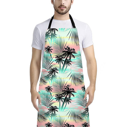 Pastel Palm Tree Pattern Print Bib Apron With Pocket